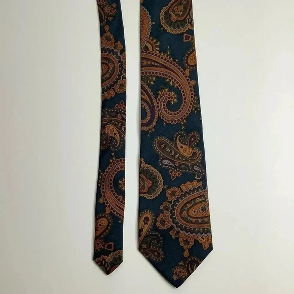 VINTAGE Teal Paisley Italian Silk Tie - Picture 4 of 11